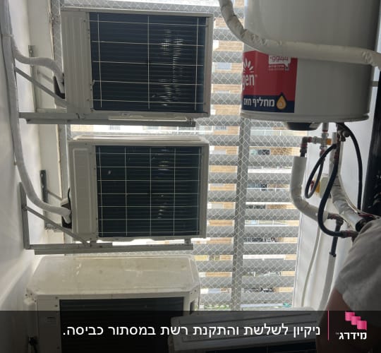 יחידות מיזוג אוויר מותקנות על קיר עם רשת הגנה